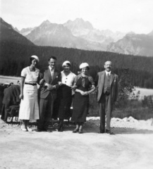 Slovakia,High Tatras, Strbské pleso, 1935, Fortepan/Album074, Czechoslovakia, woods, tableau, women, men, summer, hillside, tarn, Tatra Mountains, Fortepan #58062