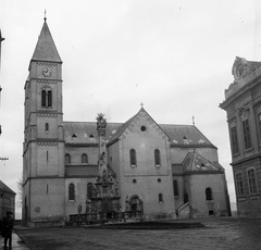 Magyarország, Veszprém, Szentháromság tér, Szentháromság-szobor, mögötte a Szent Mihály-székesegyház., 1960, Nagy Gyula, Fortepan #58384