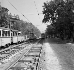 Magyarország, Budapest V., Bajcsy-Zsilinszky út az Andrássy út (Népköztársaság útja) felől nézve., 1961, Nagy Gyula, utcakép, villamos, Ganz-márka, sínpálya, Budapest, Fortepan #58422