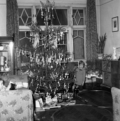 Hungary, Budapest V., Papnövelde (Eötvös Loránd) utca 8., III. emeleti lakás., 1962, Nagy Gyula, Christmas, book, present, christmas tree, toy, model train, parquet floor, baby furniture, Budapest, Fortepan #58457