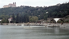 Hungary,Lake Balaton, Tihany, kikötő, fent a Bencés Apátság., 1963, Herbály István, ship, church, colorful, port, boat station, water bus, Fortepan #58860