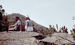 1963, Herbály István, colorful, excursion, man, woman, rock, sitting on a rock, Fortepan #58874