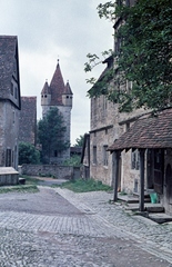 Németország, Rothenburg ob der Tauber, a Stöberleins-torony a Spitalgasse felől nézve., 1966, Herbály István, színes, torony, NSZK, Fortepan #58931