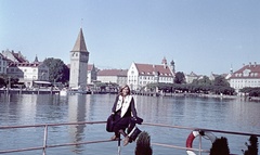 Németország, Lindau, kikötő a világítótoronytól nézve, szemben a Mangturm., 1966, Herbály István, színes, NSZK, Fortepan #58941