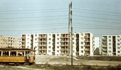 Magyarország, Budapest IX., József Attila lakótelep, Epreserdő utca., 1967, Herbály István, színes, lakótelep, villamos, villanyoszlop, távvezeték, felsővezeték, Budapest, Fortepan #58962