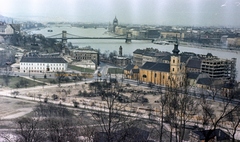 Hungary, Budapest I., kilátás a Gellérthegyről a Döbrentei tér és a Széchenyi Lánchíd felé., 1962, Herbály István, colorful, construction, tram, Danube, Ganz-brand, Budapest, suspension bridge, William Tierney Clark-design, Fortepan #58977