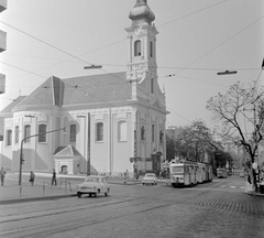 Hungary, Budapest I., Krisztina tér, Havas Boldogasszony-templom., 1970, Fortepan, church, light, Hungarian brand, street view, Skoda-brand, Wartburg-brand, tram, Ganz-brand, Ganz UV tramway, Budapest, Fortepan #5909