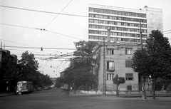 Magyarország, Budapest XIV., Hermina (Május 1.) út - Erzsébet királyné útja kereszteződés., 1965, Braun Antal, útkereszteződés, járókelő, fasor, magasház, sarokház, áramszedő, felsővezeték, Budapest, trolibusz megálló, Fortepan #59408