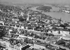 Magyarország, Budapest, légifotó a Várnegyeddel és a Margitszigettel., 1965, Lajtai László, templom, híd, légi felvétel, látkép, Fortepan #59745