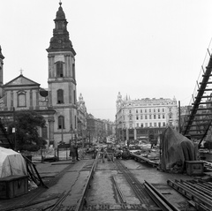 Magyarország, Budapest V., az Erzsébet híd építése a pesti hídfőtől a Szabad sajtó út felé nézve., 1964, Nagy Gyula, Budapest, Duna-híd, Fortepan #59886