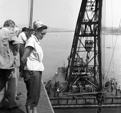 Magyarország, Budapest I., az Erzsébet híd építése, úszódaru az utolsó pályaegység beemelésekor a budai hídfőnél., 1964, Nagy Gyula, hídépítés, Duna, Budapest, függőhíd, Duna-híd, Sávoly Pál-terv, Fortepan #59896