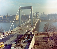 Magyarország, Budapest I., Erzsébet híd a terheléspróba előtt a Gellérthegyről nézve., 1964, Nagy Gyula, színes, híd, villamos, hídépítés, Duna, Ganz UV, FVV CSM-2/CSM-4, Budapest, függőhíd, Sávoly Pál-terv, Fortepan #59977