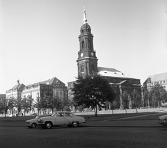 Németország, Drezda, Altmarkt, középen a Kreuzkirche., 1970, Nagy Gyula, templom, Trabant-márka, Wartburg-márka, NDK, kockakő, GAZ M21 Volga, Fortepan #60008