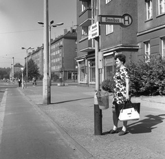 Németország, Berlin, Kelet-Berlin, Kniprodestrasse, keresztben a Danziger Strasse (ekkor Dimitroffstrasse), a Hufelandstrasse felé nézve., 1970, Nagy Gyula, buszmegálló, NDK, Kelet-Berlin, Fortepan #60035