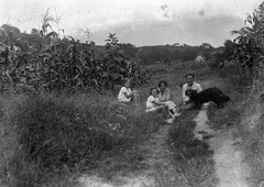 1930, Zsohár Zsuzsa, family, dog, tableau, dirt road, twins, Fortepan #60320