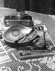 1965, Lencse Zoltán, still life, glasses, newspaper, camera, ashtray, lace, KMZ-brand, KMZ Zorki, crochet, Fortepan #60965