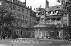 Hungary, Lillafüred, Miskolc, Palotaszálló a park felől., 1962, Lencse Zoltán, hotel, Renaissance Revival, Kálmán Lux-design, window, wood, terrace, watch, Fortepan #61247