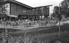 Hungary,Lake Balaton, Tihany, Motel étterem., 1962, Lencse Zoltán, modern architecture, table, chair, sapling, Fortepan #61251