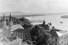 Hungary, Esztergom, látkép a Bazilikából, háttérben a felrobbantott Mária Valéria híd., 1950, Fortepan, bridge, wrecked bridge, Danube, Duna-bridge, János Feketeházy-design, bird's eye view, picture, Fortepan #6137