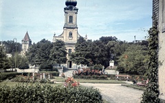 Magyarország, Budapest XXII., Budafok, Savoyai Jenő tér, szemben a Szent Lipót templom., 1942, Szőke Annamária/Anonime, templom, színes, Budapest, Fortepan #61669