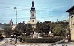 Magyarország, Budapest XXII., Budafok, Savoyai Jenő tér, szemben a Szent Lipót templom., 1942, Szőke Annamária/Anonime, templom, színes, Budapest, Fortepan #61671