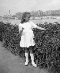 Hungary, Margit Islands, Budapest, szemben a Szent István park házai., 1948, Fortepan, girl, picture, white dress, bush, river, Fortepan #6185