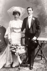 1900, A R, wedding ceremony, top hat, studio, man and woman, bouquet, white tie, veil, Fortepan #62099