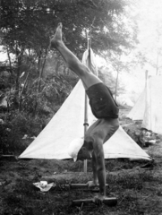 1931, A R, free time, summer, man, exercise, feat, camping site, handstand, Best of, Fortepan #62203