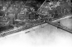 Magyarország, Budapest XI., légifotó, Szent Gellért tér és a Szabadság (Ferenc József) híd, 1930, Zainkó Géza, légi felvétel, szecesszió, Duna, Budapest, fürdő-ház, madártávlat, Duna-híd, Feketeházy János-terv, Art Nouveau, Hegedűs Ármin-terv, Sebestyén Artúr-terv, Sterk Izidor-terv, Fortepan #62301