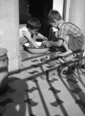 1955, A R, sunshine, courtyard balcony, summer, boys, shadow, dishwashing, barefoot, child labour, Fortepan #62532