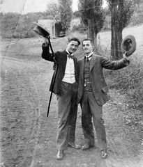 1925, Fortepan, hat, men, tunnel, shadoof, posture, double portrait, watch chain, greeting, hat in hand, dirt road, jacket, Fortepan #6260