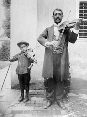 1917, Fortepan, music, kid, musical instrument, yard, moustache, musician, violin, man, child labour, gypsy, Gypsy music, Fortepan #6315