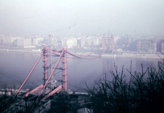 Magyarország, Budapest, az épülő Erzsébet híd a Gellérthegyről fotózva., 1963, Fortepan, színes, híd, építkezés, látkép, hídépítés, Duna, függőhíd, Sávoly Pál-terv, Fortepan #636