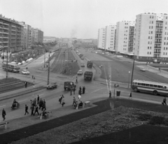 Magyarország, Budapest XI., Irinyi József utca a Budafoki út felől a Petőfi híd felé nézve., 1965, Magyar Rendőr, rendőrdobogó, Budapest, forgalom, Lágymányosi lakótelep, Fortepan #65234