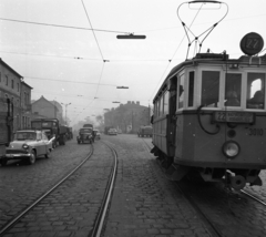 Magyarország, Budapest IX., Soroksári út a Dandár utcától a Haller utca (Hámán Kató út) felé nézve., 1965, Magyar Rendőr, forgalom, teherautó, utcakép, villamos, Moszkvics 407, viszonylattábla, áramszedő, Budapest, viszonylatszám, Fortepan #65283