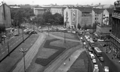 Magyarország, Budapest VIII.,Budapest V.,Budapest IX., Kálvin tér és a Magyar Nemzeti Múzeum a református templom tornyából nézve., 1966, Magyar Rendőr, forgalom, autóbusz, utcakép, villamos, neon lámpa, Budapest, Fortepan #65388