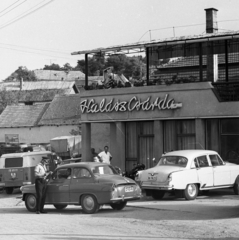 Magyarország, Paks, Dunakömlőd (ekkor önálló, ma a város része), Halászcsárda., 1967, Magyar Rendőr, Skoda-márka, rendőr, igazoltatás, automobil, rendszám, Nysa N59, Skoda Octavia, GAZ M21 Volga, Fortepan #65538