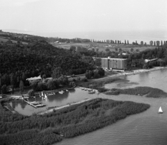 Magyarország,Balaton, Tihany, légifotó, Balaton-part a révtől nyugatra, középpontban a Tihany Yacht Club és a Hotel Tihany., 1967, Magyar Rendőr, légi felvétel, Fortepan #65558