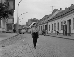 Hungary, Esztergom, Bajcsy-Zsilinszky út, háttérben a Bazilika kupolája., 1968, Magyar Rendőr, cobblestones, cop, bus, Fortepan #65738