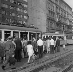 Magyarország, Budapest VII., Károly (Tanács) körút a Madách térnél., 1971, Magyar Rendőr, villamos, vasúti jelző, villamosmegálló, Ganz UV, Budapest, viszonylatszám, Fortepan #65833