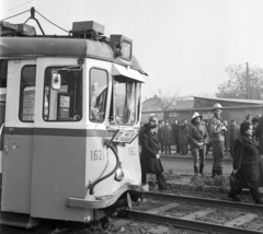 Magyarország, Budapest XIII., Béke utca, szemben a Fáy utca sarok., 1973, Magyar Rendőr, baleset, villamos, viszonylattábla, Budapest, viszonylatszám, tűzoltó, Fortepan #66009