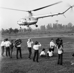 Magyarország, 1974, Magyar Rendőr, helikopter, Mil-márka, Mil Mi-1, rendőrjármű, sapkát fogni, Fortepan #66074