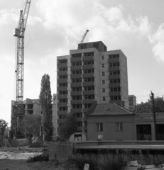 Hungary, Budapest XIX., József Attila utca - Kazinczy utca és az Üllői út (Vörös Hadsereg útja) között épülő házak a Dobó Katica utcától nézve., 1976, Magyar Rendőr, blocks, crane, Budapest, Fortepan #66276