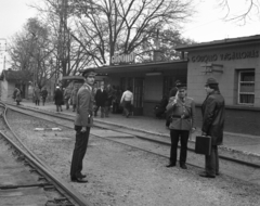 Magyarország, Gödöllő, HÉV végállomás., 1981, Magyar Rendőr, kalap, egyenruha, rendőr, férfi, tisztelgés, vasútállomás, HÉV, tányérsapka, utas, sínpálya, neon felirat, helységnév tábla, diplomatatáska, Fortepan #66692