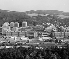 Magyarország, Salgótarján, a belváros látképe a Szent Imre-hegyről, középen a Fő téren a József Attila Művelődési Ház., 1981, Magyar Rendőr, szocializmus, városkép, építészet, látkép, hegyoldal, modern építészet, Szrogh György-terv, Fortepan #66723