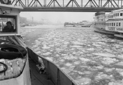 Magyarország, Budapest XIII.,Budapest IV., Újpesti-öböl, balra az Újpesti vasúti hídon túl, a Népszigeten a MAHART hajójavító., 1982, Magyar Rendőr, jégzajlás, Budapest, SZOT Visegrád/Visegrád/Imre hajó, Rendező I. hajó, Fortepan #66795