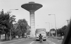 Hungary, Békéscsaba, Jókai utca a Szarvasi út felé nézve., 1982, Magyar Rendőr, water tower, motorized bicycle, bicycle, Fortepan #66901