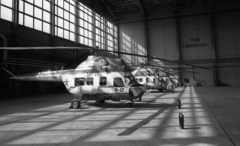 Hungary, Ferihegy (now - Ferenc Liszt) International Airport, Budapest XVIII., hangár., 1984, Magyar Rendőr, helicopter, Polish brand, license, Mil-brand, police vehicle, Budapest, shadow, fire extinguisher, label, Fortepan #67115