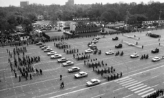 Hungary, Budapest XIV., Ötvenhatosok tere (Felvonulási tér), május 1-i felvonulás., 1985, Magyar Rendőr, Czechoslovak brand, Soviet brand, motorcycle, Skoda-brand, Hungarian Defense Association, Lada-brand, Dacia-brand, political decoration, march, 1st of May parade, grandstand, Polish brand, sailplane, automobile, FSO-brand, Romanian make, Budapest, Fortepan #67142