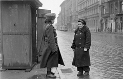 Magyarország, Budapest VI., Podmaniczky (Rudas László) utca, szemben a Székely Bertalan utca torkolata., 1953, Magyar Rendőr, rendőr, villamos, kalyiba, usánka, szőrme, BSZKRT-szervezet, Budapest, szőrmesapka, Fortepan #67217